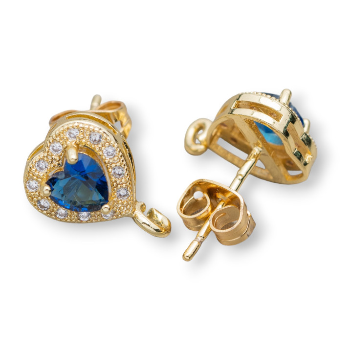Base for Brass Earrings Heart with Rhinestones 9x13mm 10 Pairs Golden Sapphire