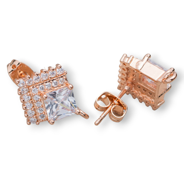 Base Per Orecchini Di Ottone Rombo Con Strass 13x17mm 10 Paia Bianco Oro Rosa MOD2