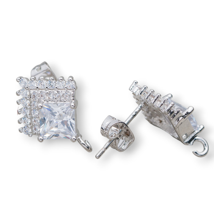 Boucles d'Oreilles Losange Laiton Base Avec Strass 13x17mm 10 Paires Rhodium Blanc MOD2