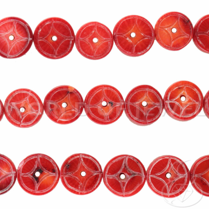 Rote Bambuskoralle, flach, rund, graviert, 15 mm