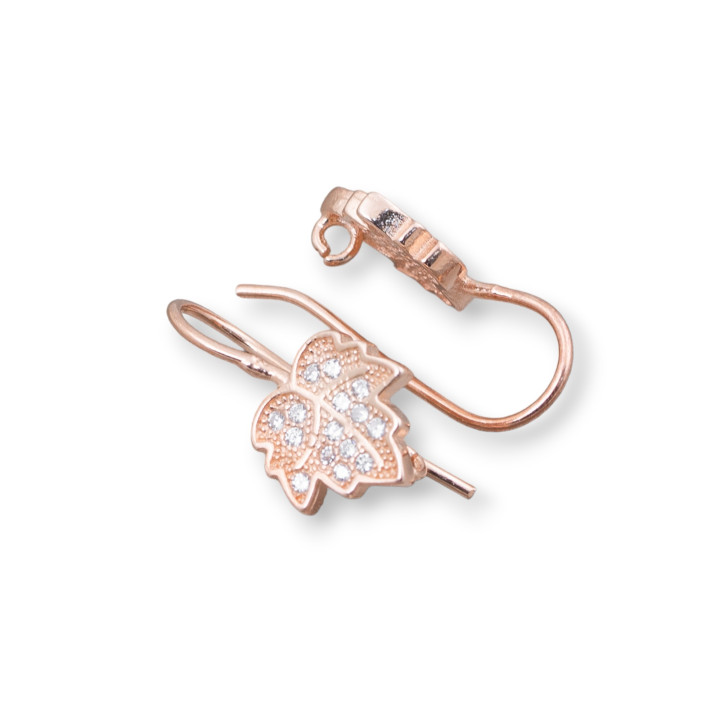 Base For Earrings Of 925 Silver With Zircons Leaf Hook 10x18mm 4 Pairs Rose Gold