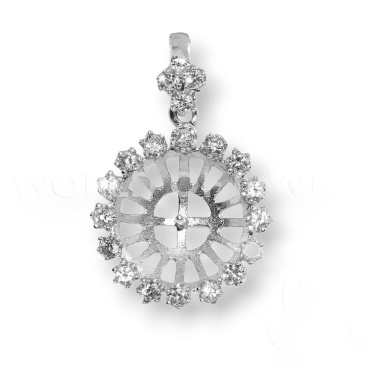 Base For Pendant Of 925 Silver With Zircons 19mm 2pcs Rhodium Plated