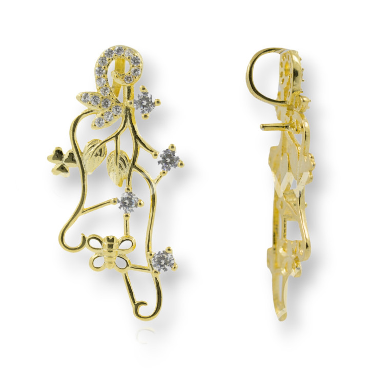 Base Per Pendente Di Argento 925 Con Zirconi Natura 15x31mm Dorato 4pz