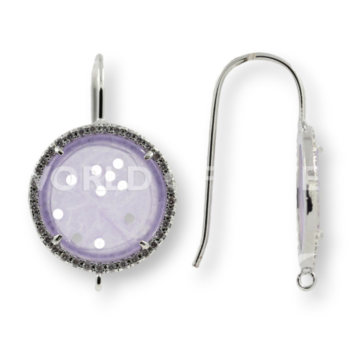 Boucles D'oreilles Bases De Laiton Et Zircons Avec Plaques Rondes En Jade De Birmanie 20mm 5 Paires Lilas Et Rhodium