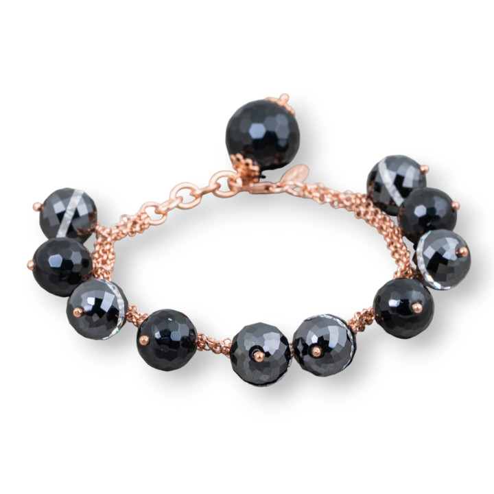 Pulsera De Plata De Ley 925 Con Cadena Rolò De 3 Hileras Y Colgantes De Esferas De Onix Y Zirconia Cúbica De 18cm + 4cm