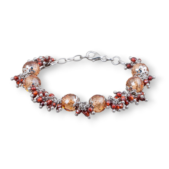 Pulsera de Plata de Ley 925 Diseño Italia Con Zirconia Cúbica Facetada Esferas Champán Y Granate Tamaño Ajustable