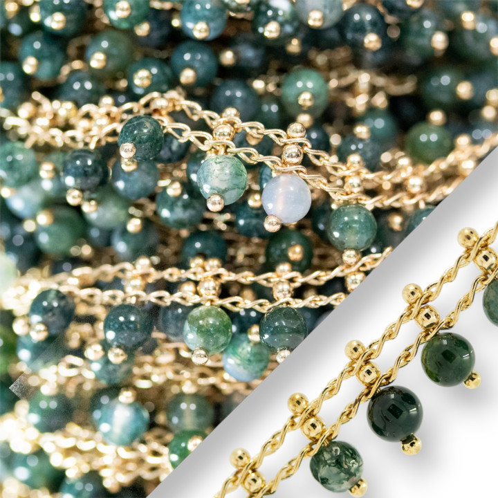 Rosary Chain With Semi-precious Stones Smooth Spheres 4mm Golden Moss Agate 10 Meters