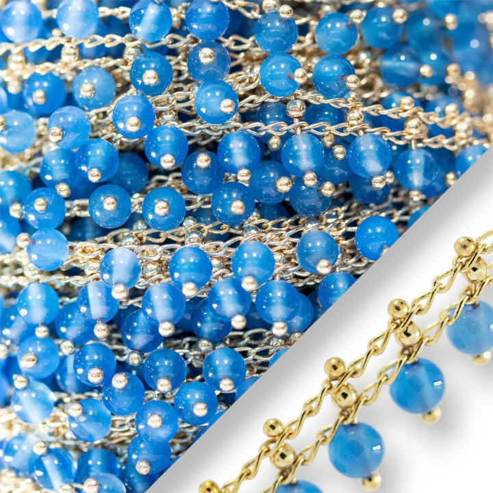 Catena Rosario Di Ottone Con Pietre Dure Sfere Lisce 4mm Dorato Blu 10 Metri