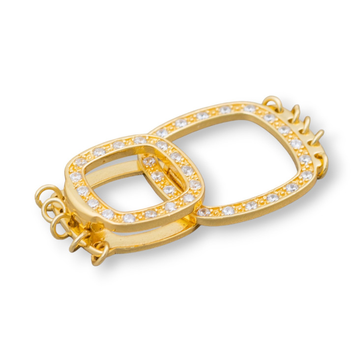 925 Silver Clasp With Zircons Square Drilled 19x32mm 2pcs Golden