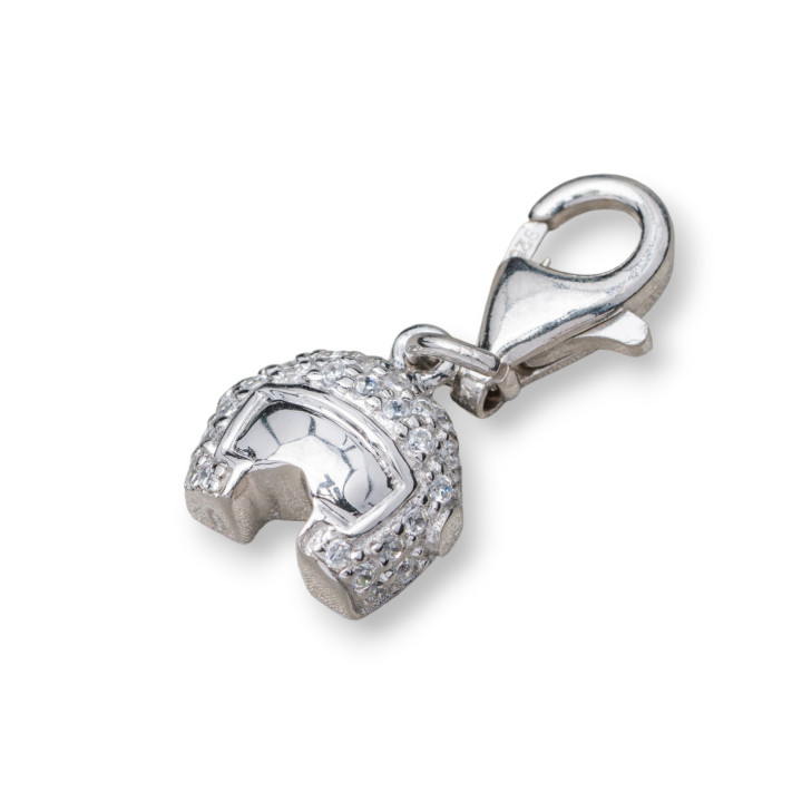 Ciondolo Pendente Charms Di Argento 925 Casco Con Visiera E Zirconi Con Moschettone 11x23mm 4Pz
