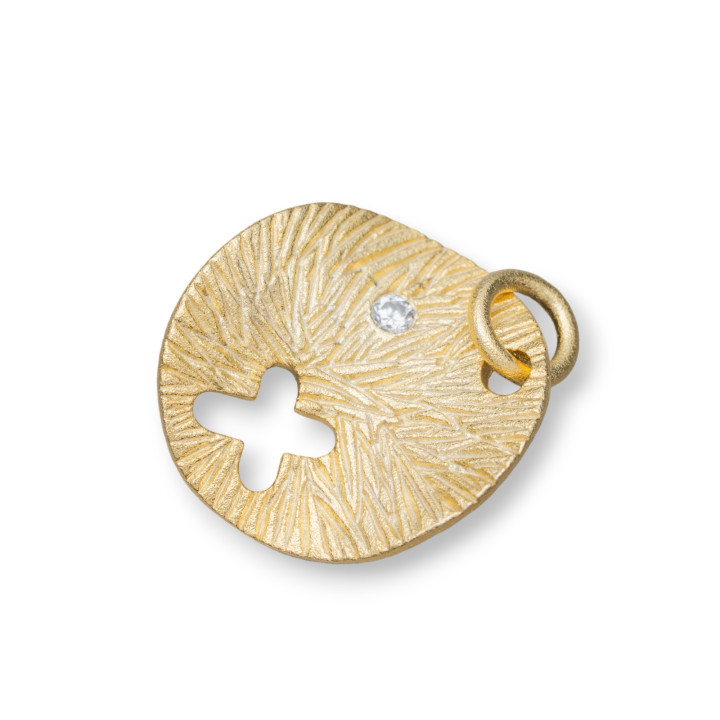 Pendentif Pendentif En Argent 925 Avec Plaque Ronde En Satin Ondulé 16mm Avec Croix Et Zircon Doré 6pcs