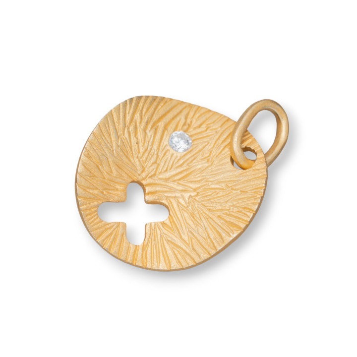 Pendentif Pendentif En Argent 925 Avec Plaque Ronde En Satin Ondulé 16mm Avec Croix Et Zircon Doré 6pcs 18k