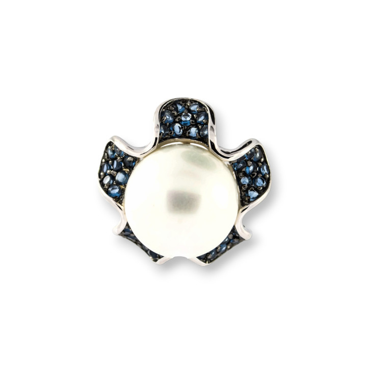 Pendant Of 925 Silver With Blue Zircons 5 Petals And Majorcan Pearls 19mm