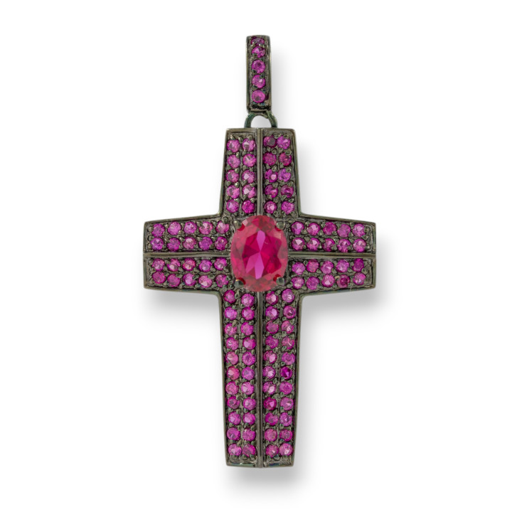 Pendant Of 925 Silver Burnished Cross With Ruby Zircons 25x45mm