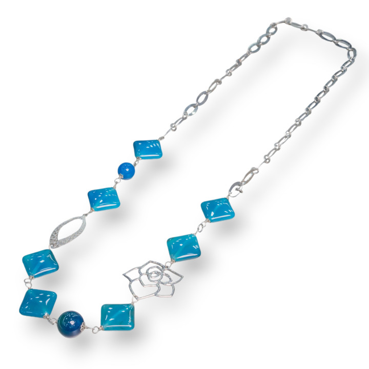 Collier Fantaisie Agate Bleue : Élégance et Style avec Chaîne Ovale - Ac