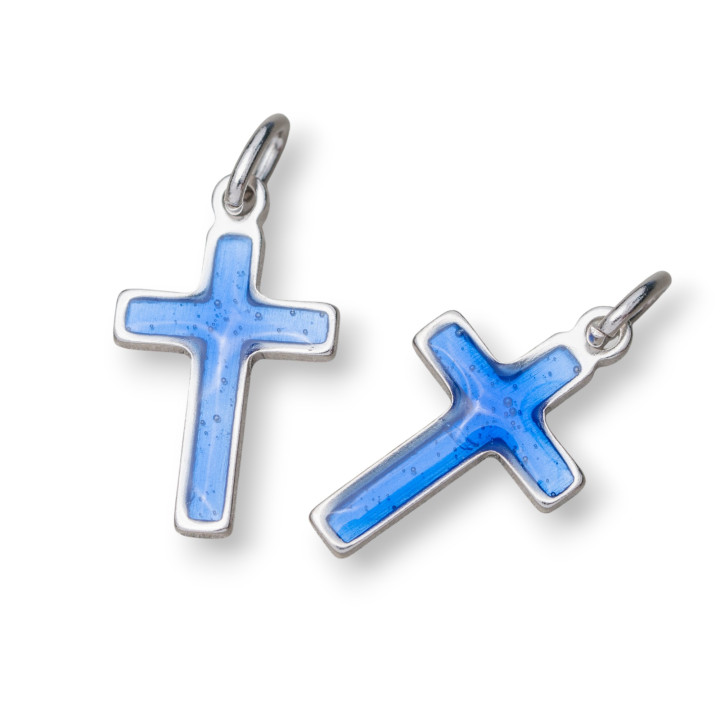 Ciondolo Pendente Di Argento 925 Croce Smaltata 10x16mm Rodiato 10pz Blu