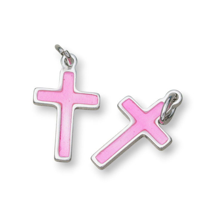 Pendentif Pendentif Argent 925 Émaillé Croix 10x16mm Rhodié 10pcs Rose