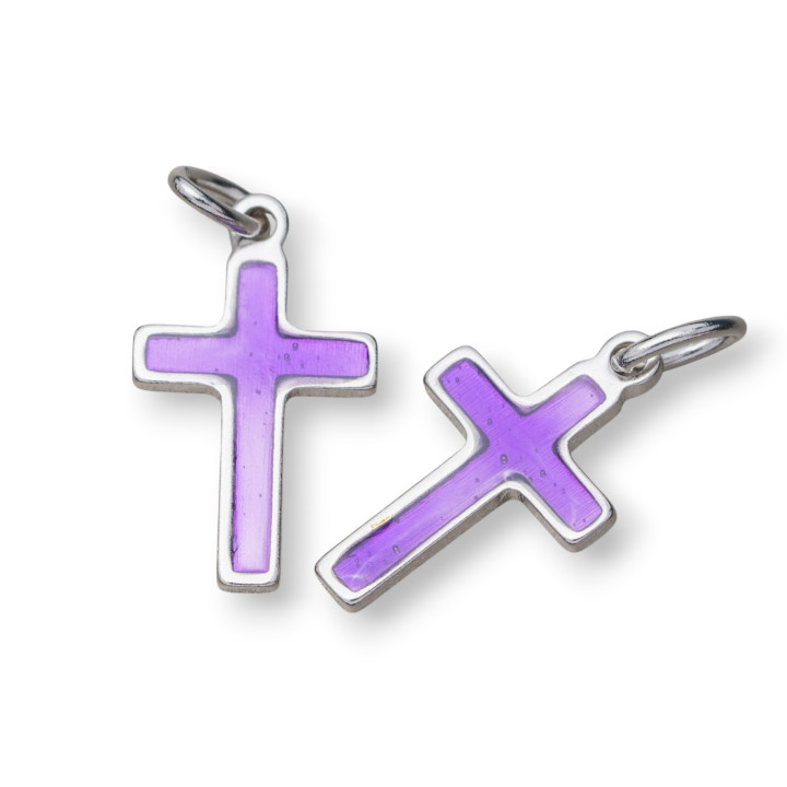 Pendant Of 925 Silver Enamelled Cross 10x16mm Rhodium Plated 10pcs Purple