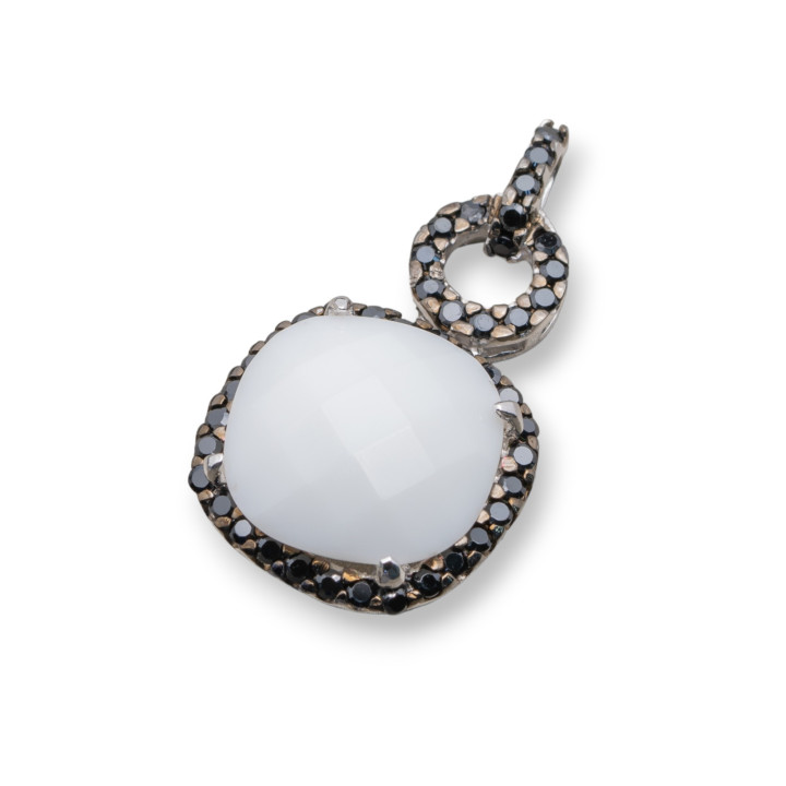 Geometric 925 Silver Pendant With Black Zircons And White Agate 20x36mm