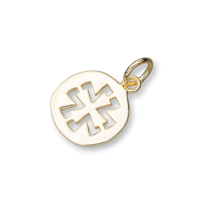 Ciondolo Pendente Di Argento 925 Tondo 11,5mm Doppia Croce Dorato 10pz