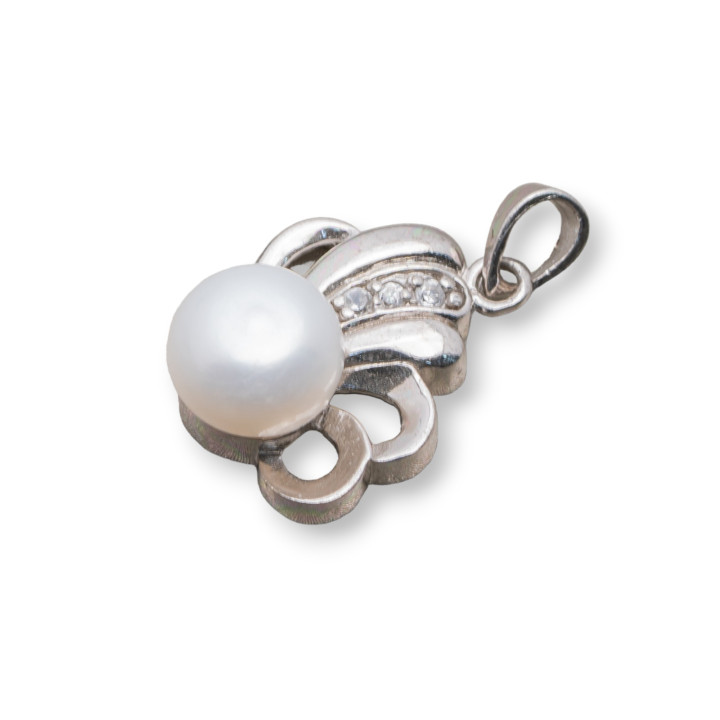 Ciondolo Pendente Di Argento 925 Ventaglio Con Zirconi Centrali E Perle 15x23mm