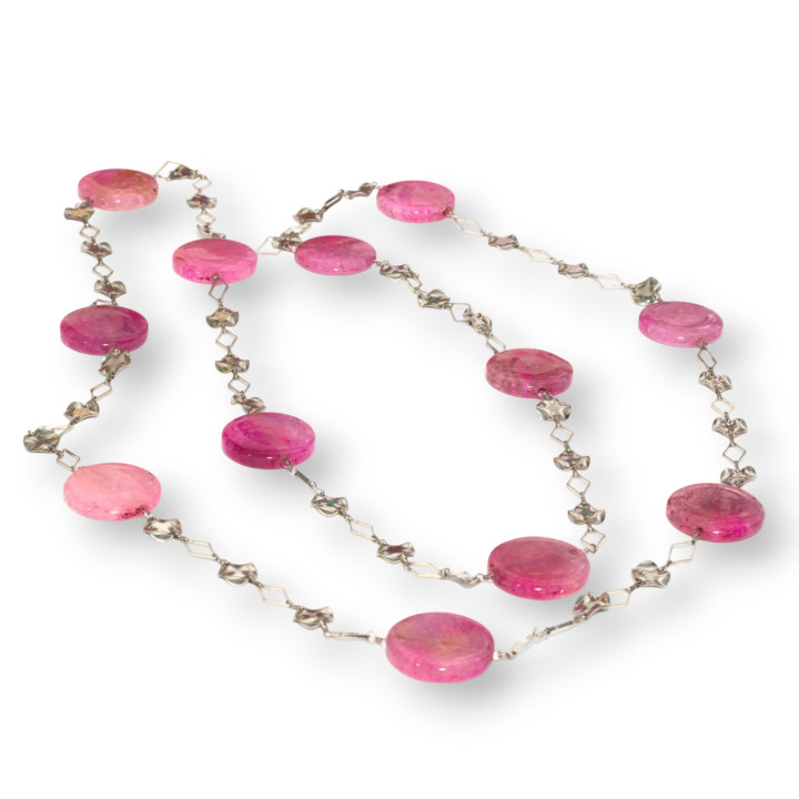 Collier Agate Crash Ronde 30mm Avec Chaîne Laiton Fantaisie Fuchsia 160cm