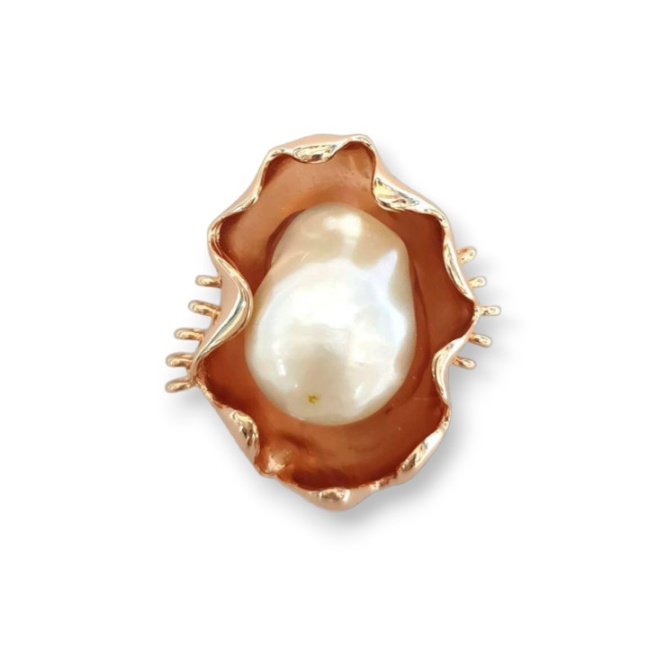 Central Bronze Component With Baroque River Pearls 33x26mm 3pcs Rose Gold