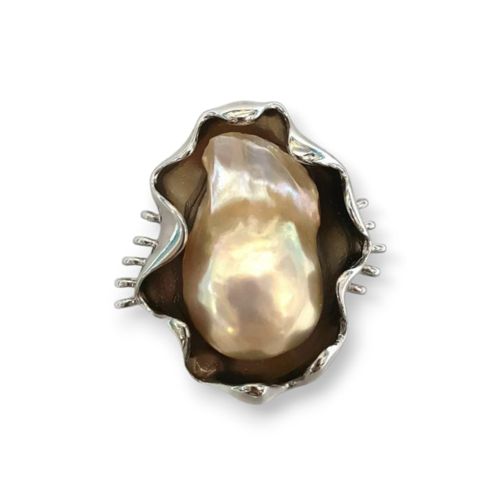 Componente Centrale Di Bronzo Con Perle Di Fiume Barocche 33x26mm 3pz Rodiato