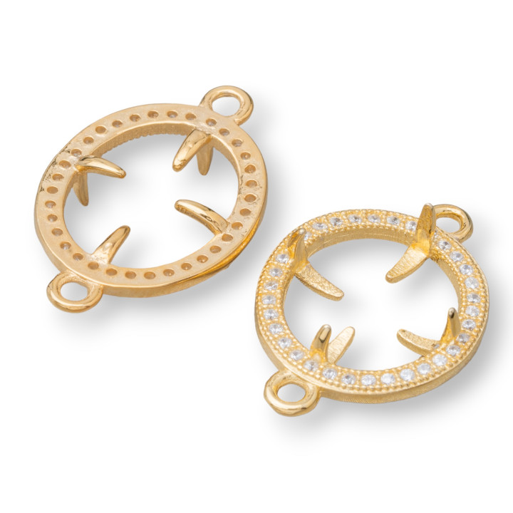 Bezel Component Of 925 Silver Connector With Zircons Oval 15x23mm Inside 10x13mm 4pcs Golden