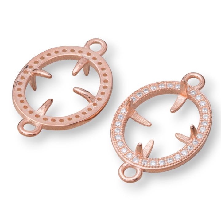 Componente Castone Di Argento 925 Connettore Con Zirconi Ovale 15x23mm Interno 10x13mm 4pz Oro Rosa