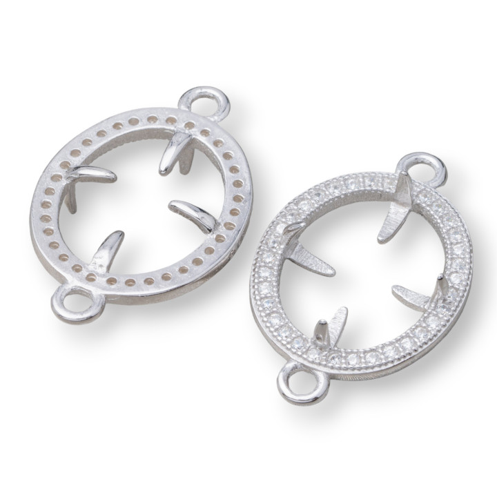 925 Silver Bezel Component Connector With Zircons Oval 15x23mm Internal 10x13mm 4pcs Rhodium Plated