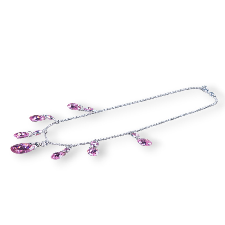Collier en argent 925 avec chaîne et pendentifs de zircons roses 43cm avec goutte centrale 2,5cm