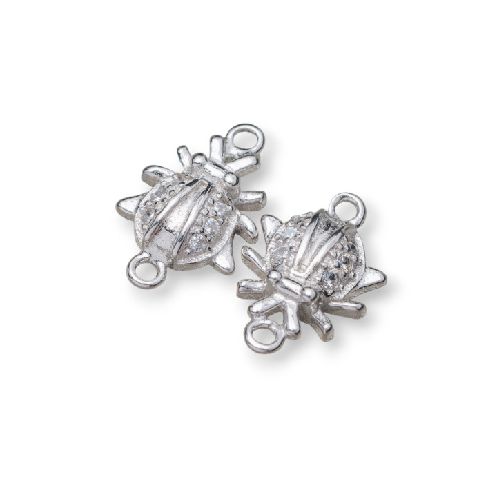Connector Component Of 925 Silver With Zircons With 2 Ladybird Rings 8x12mm 10pcs Rhodium Plated