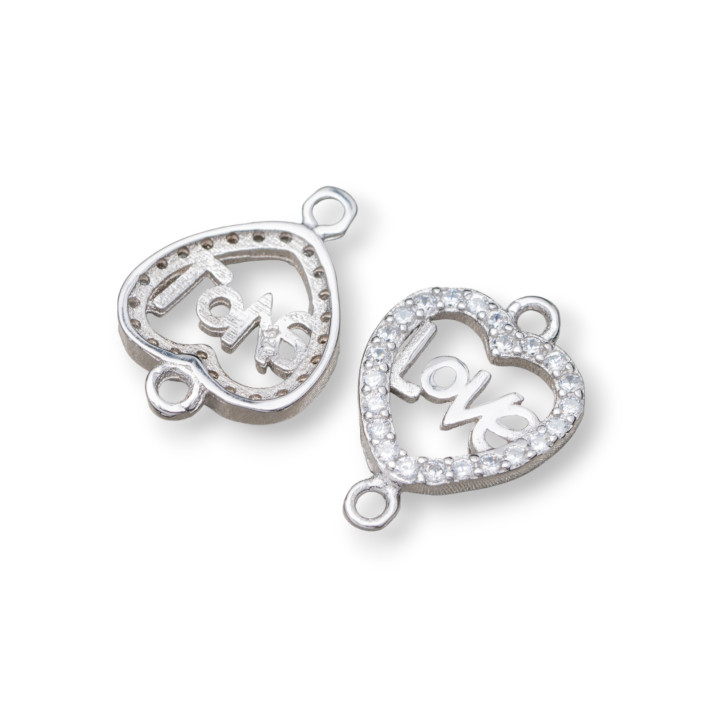 Conector Componente De Plata 925 Con Circonitas Con 2 Anillos Corazón Amor 11mm Rodio 10pcs