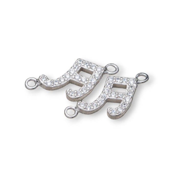 925 Silver Connector Component With Zircons With 2 Rings Musical Note 9x16mm 10pcs Rhodium Plated