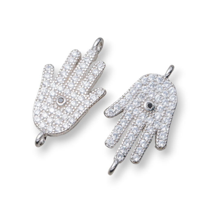 Verbindungselement aus 925er Silber mit Zirkonen Hand der Fatima mit 2 Ringen 10x14mm 6St Rhodium