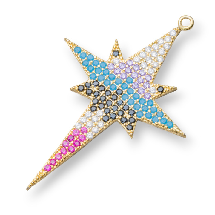 Componente Connettore Di Argento 925 Con Zirconi Micropave Stella Del Nord Con 1 Anellino 27x38mm 2pz Dorato