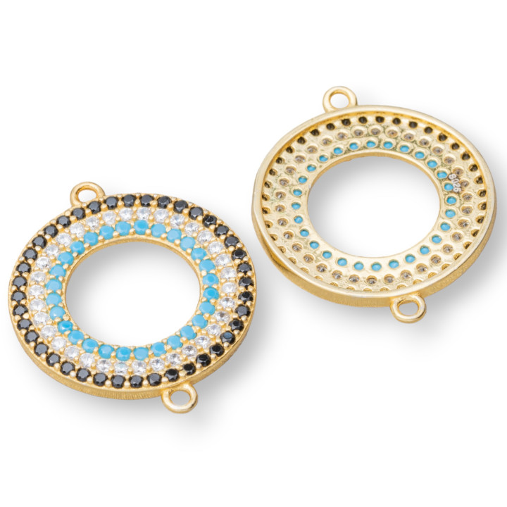 Componente Connettore Di Argento 925 Con Zirconi Micropave Tondo Ciambella Con 2 Anellini 17mm 4pz Dorato