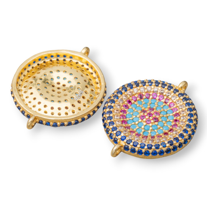 Connector Component Of 925 Silver With Round Micropave Zircons With 2 Rings 16mm 4pcs Golden