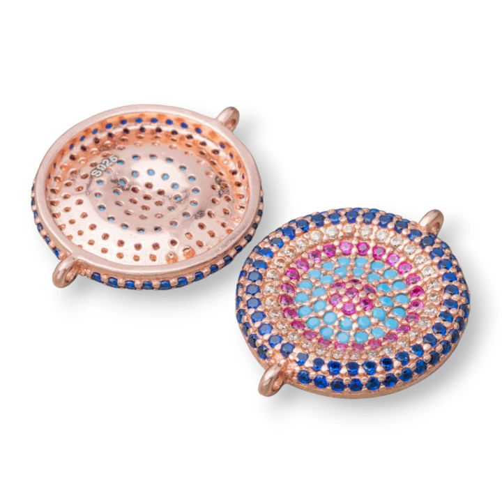 Componente Connettore Di Argento 925 Con Zirconi Micropave Tondo Con 2 Anellini 16mm 4pz Oro Rosa