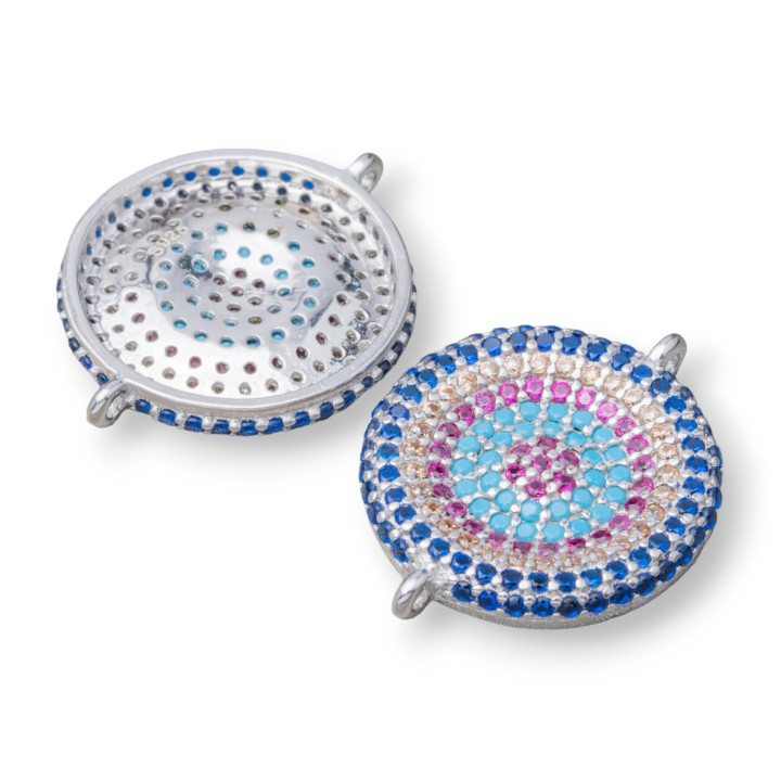 Componente Connettore Di Argento 925 Con Zirconi Micropave Tondo Con 2 Anellini 16mm 4pz Rodiato