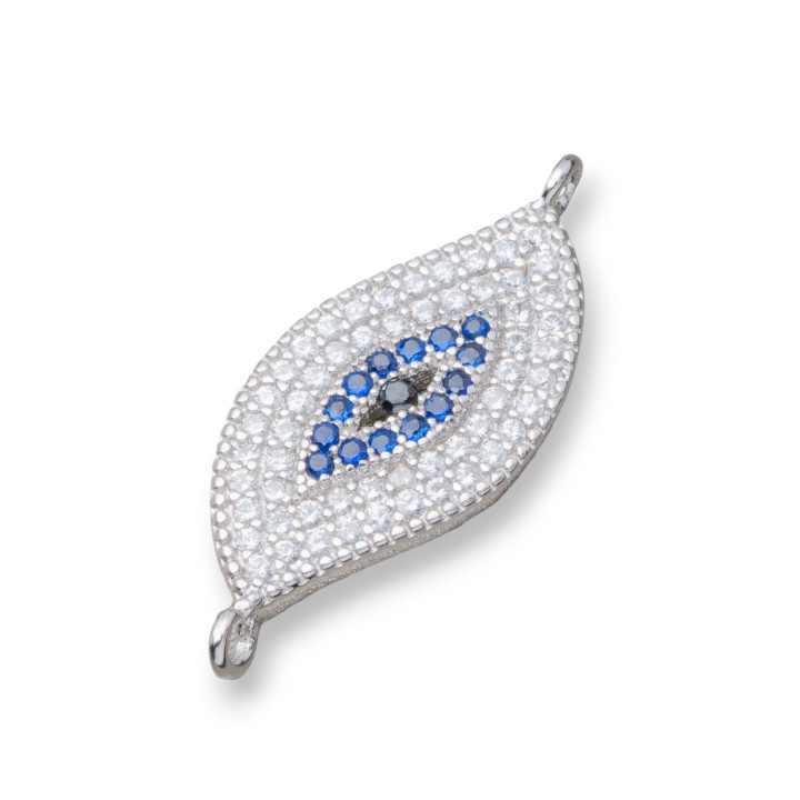 Componente Connettore Di Argento 925 Con Zirconi Occhio Con 2 Anellini 10x20mm 4pz Rodiato