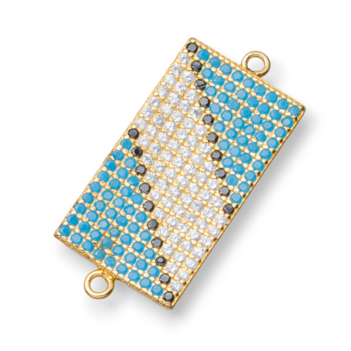 Connector Component Of 925 Silver With Paved Rectangle Zircons With 2 Rings 12x21mm 4pcs Golden