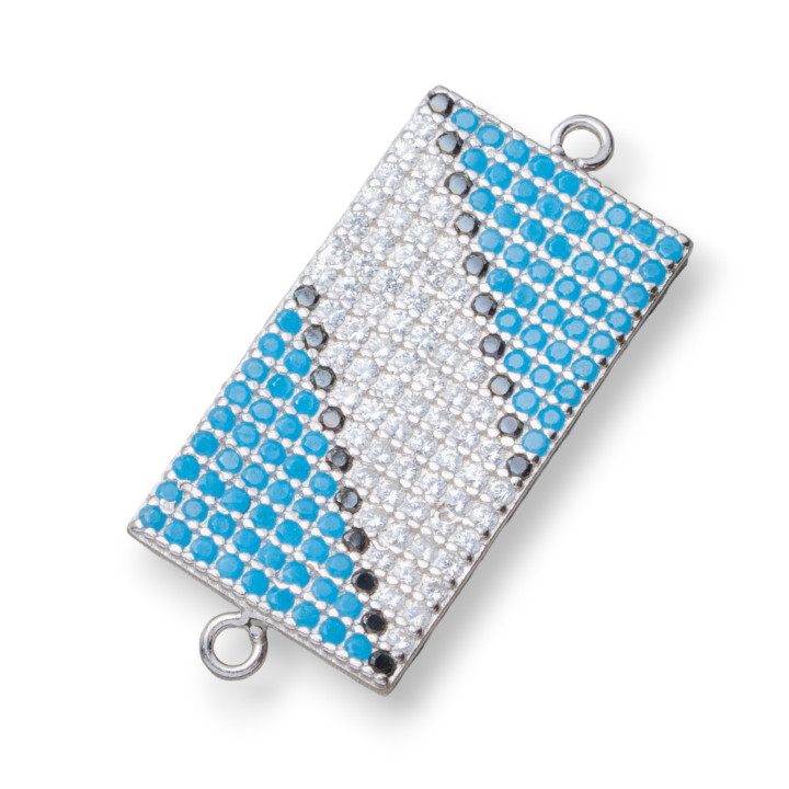 Connector Component Of 925 Silver With Paved Rectangle Zircons With 2 Rings 12x21mm 4pcs Rhodium Plated