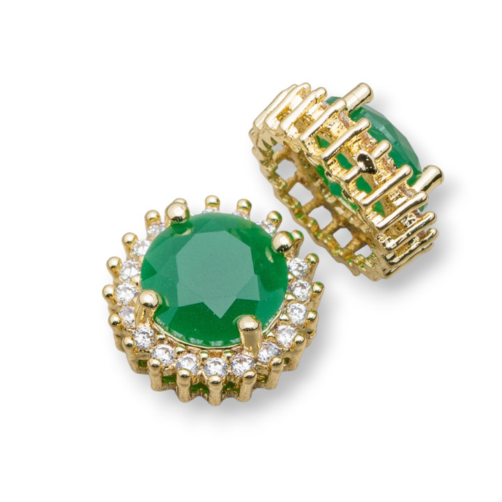 Round Brass Central Connector Component With 13mm Stones 10pcs Emerald Golden