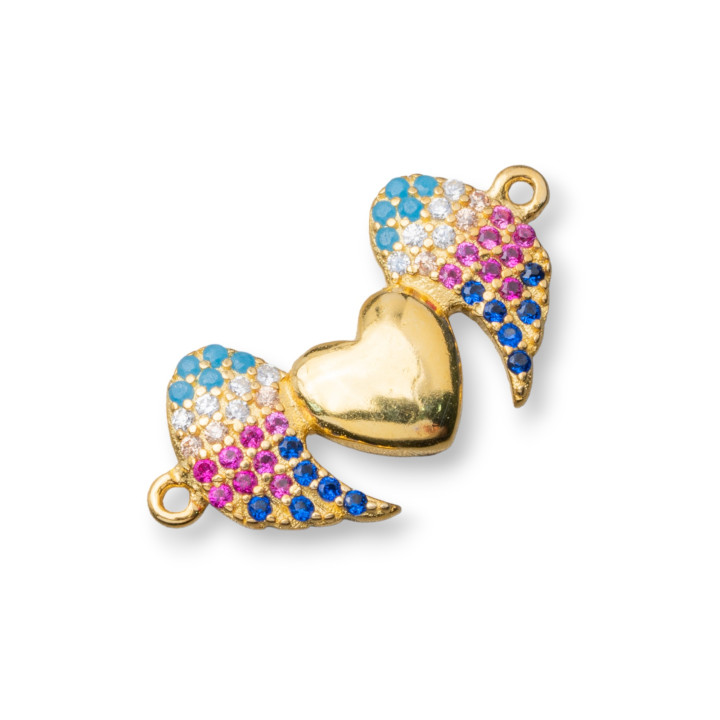 Connector Component Of 925 Silver With Zircons Wings And Heart With 2 Rings 17.5x10.5mm 4pcs Golden