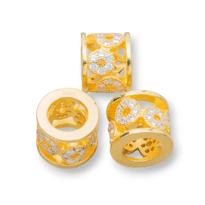 Komponente aus 925er Silber mit Zirkonen Spacer Großes Loch Unterlegscheibe Zylinder 10x8mm 4 Stück Golden