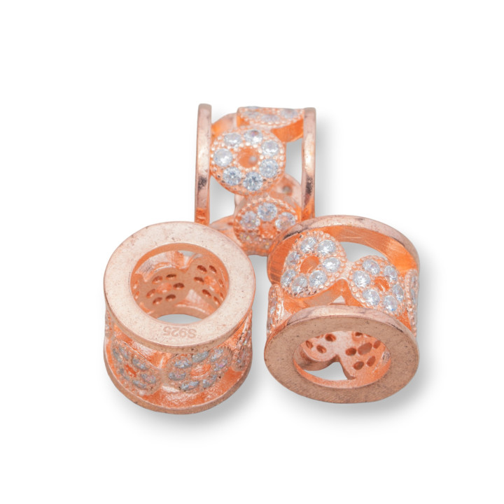 Ασημένιο 925 Εξάρτημα με Ζιργκόν Spacer Μεγάλη Τρύπα Ροδέλα Κύλινδρο 10x8mm 4τμχ Ροζ Χρυσό