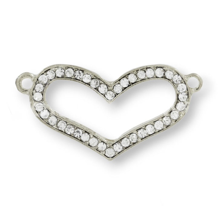 Brass Component With Rhinestone Spacer Heart 37x19mm 25pcs Silver