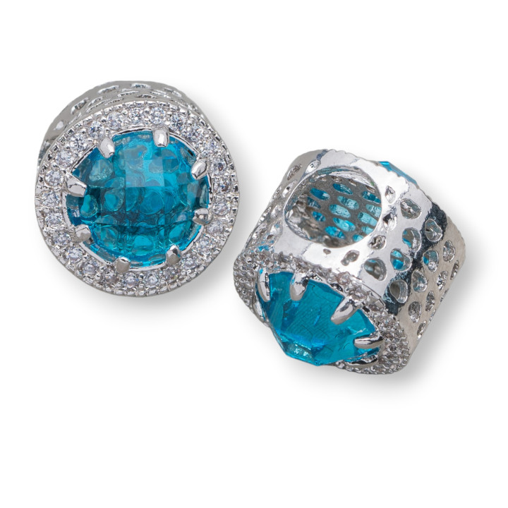 Componente Di Ottone Foro Largo Con Cristalli E Strass 11mm Foro Da 5,5mm 6pz Celeste Rodiato